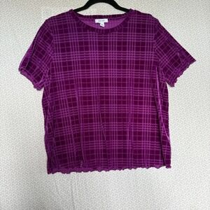 NINE WEST Women's Purple Plaid Velvet Short Sleeve Shirt Top Size L